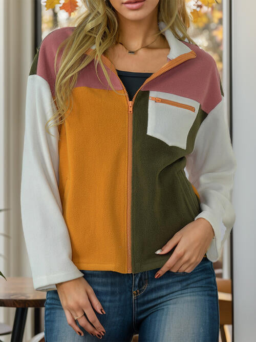 Color Block Zip-Up Long Sleeve Jacket - Teresa's Fashionista LLC