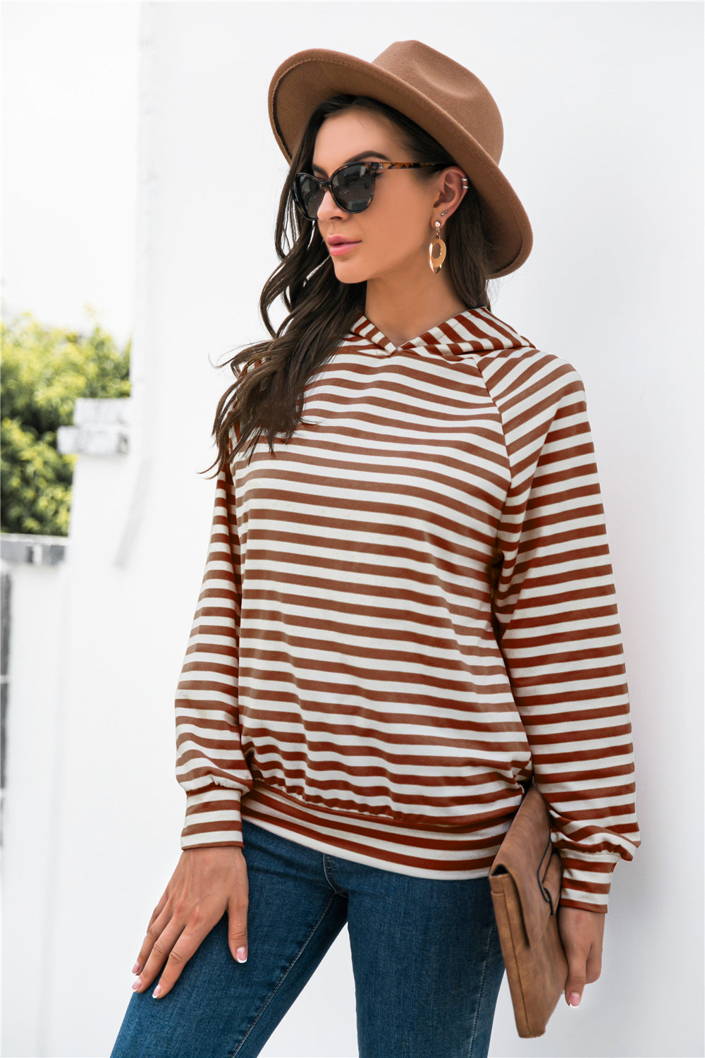 Horizontal Stripe Raglan Sleeve Hoodie-Teresa&#39;s Fashionista LLC