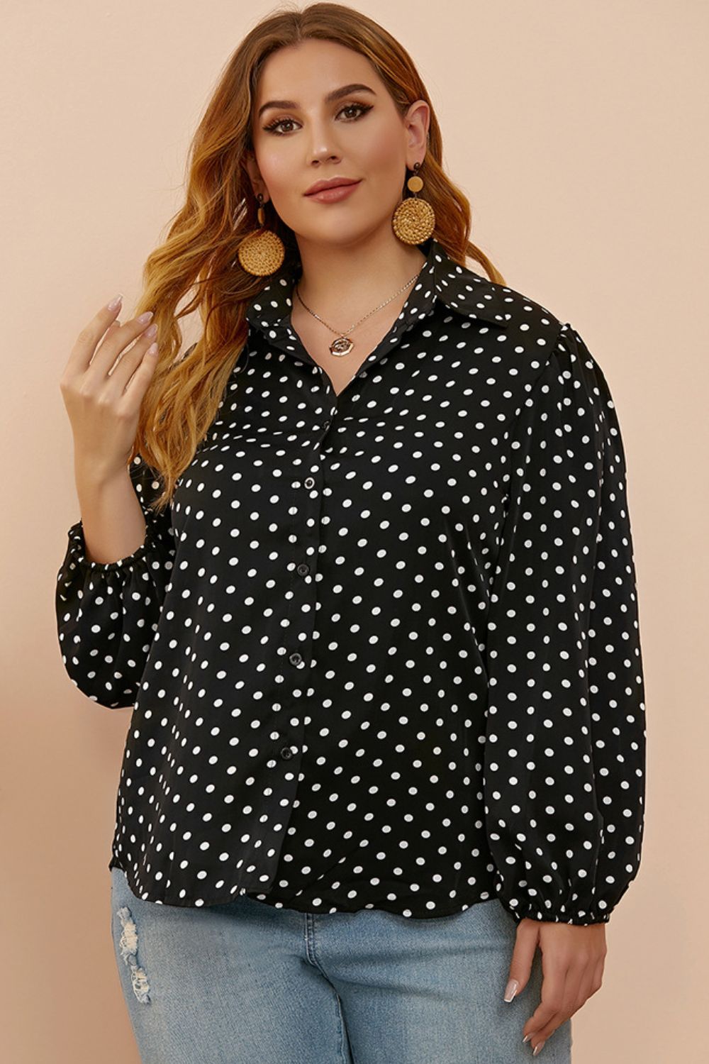 Plus Size Polka Dot Balloon Sleeve Shirt-Teresa&#39;s Fashionista LLC