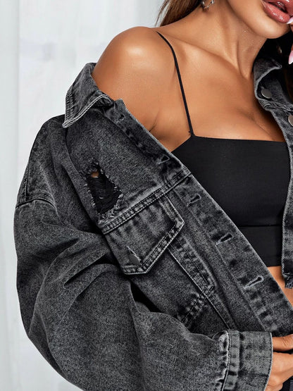 Dropped Shoulder Collared Neck Denim Jacket-Teresa&#39;s Fashionista LLC