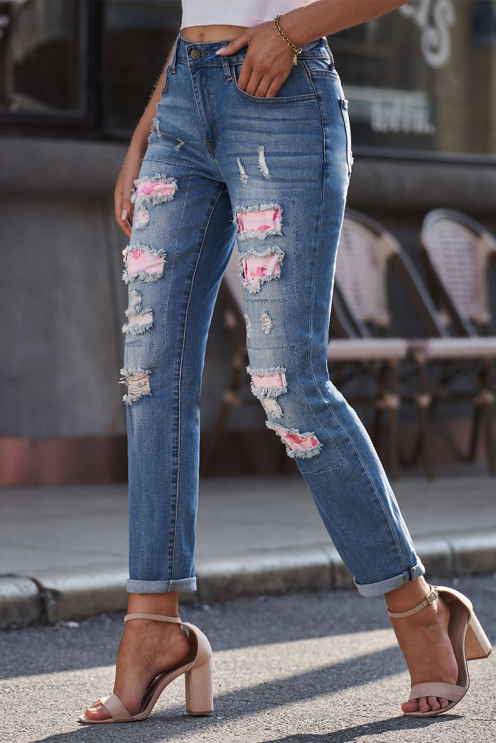 Printed Patch Distressed Boyfriend Jeans-Teresa&#39;s Fashionista LLC