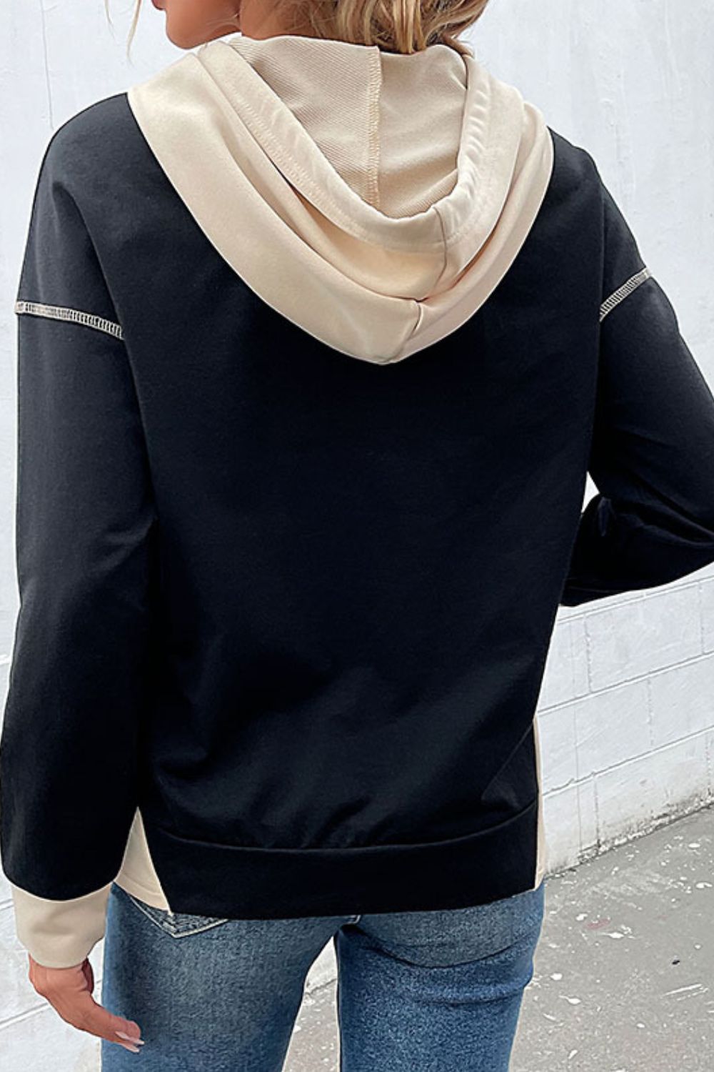 Contrast Drawstring Detail Drop Shoulder Hoodie-Teresa&#39;s Fashionista LLC