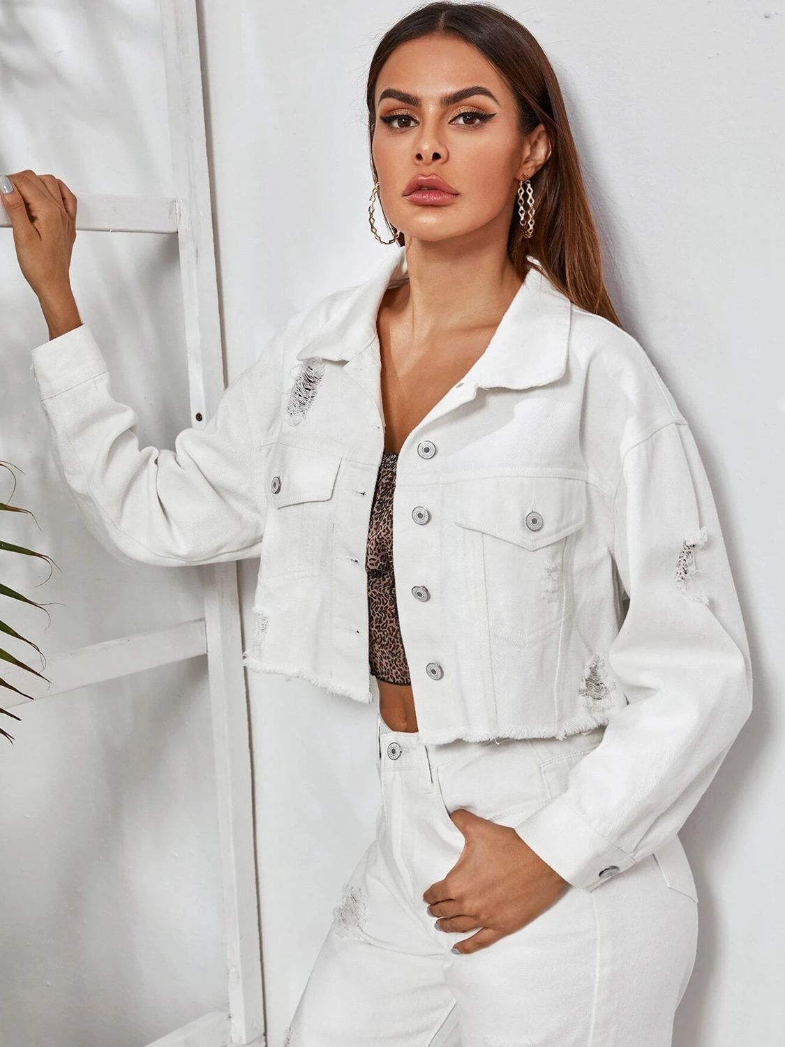 Dropped Shoulder Collared Neck Denim Jacket-Teresa&#39;s Fashionista LLC