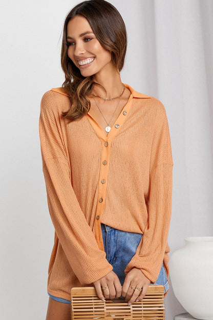 Button Front Dropped Shoulder Knit Shirt-Teresa&#39;s Fashionista LLC