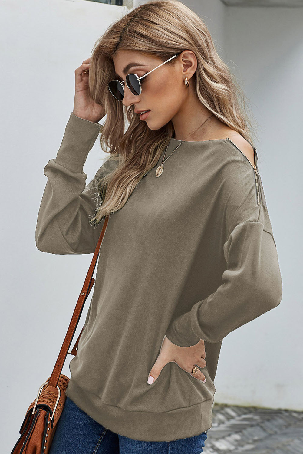 Zipper Detail Boat Neck Dropped Shoulder Sweatshirt-Teresa&#39;s Fashionista LLC