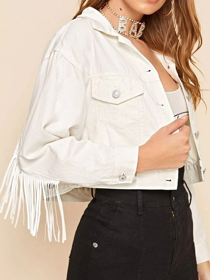 Fringe Detail Collared Neck Long Sleeve Denim Jacket-Teresa&#39;s Fashionista LLC