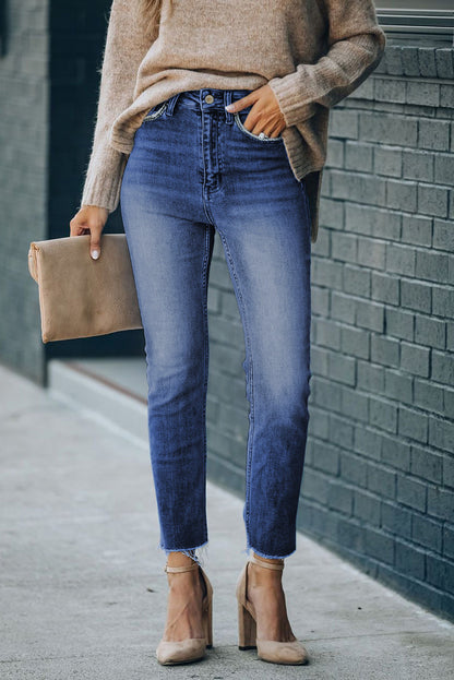 High Waist Raw Hem Skinny Jeans-Teresa&#39;s Fashionista LLC