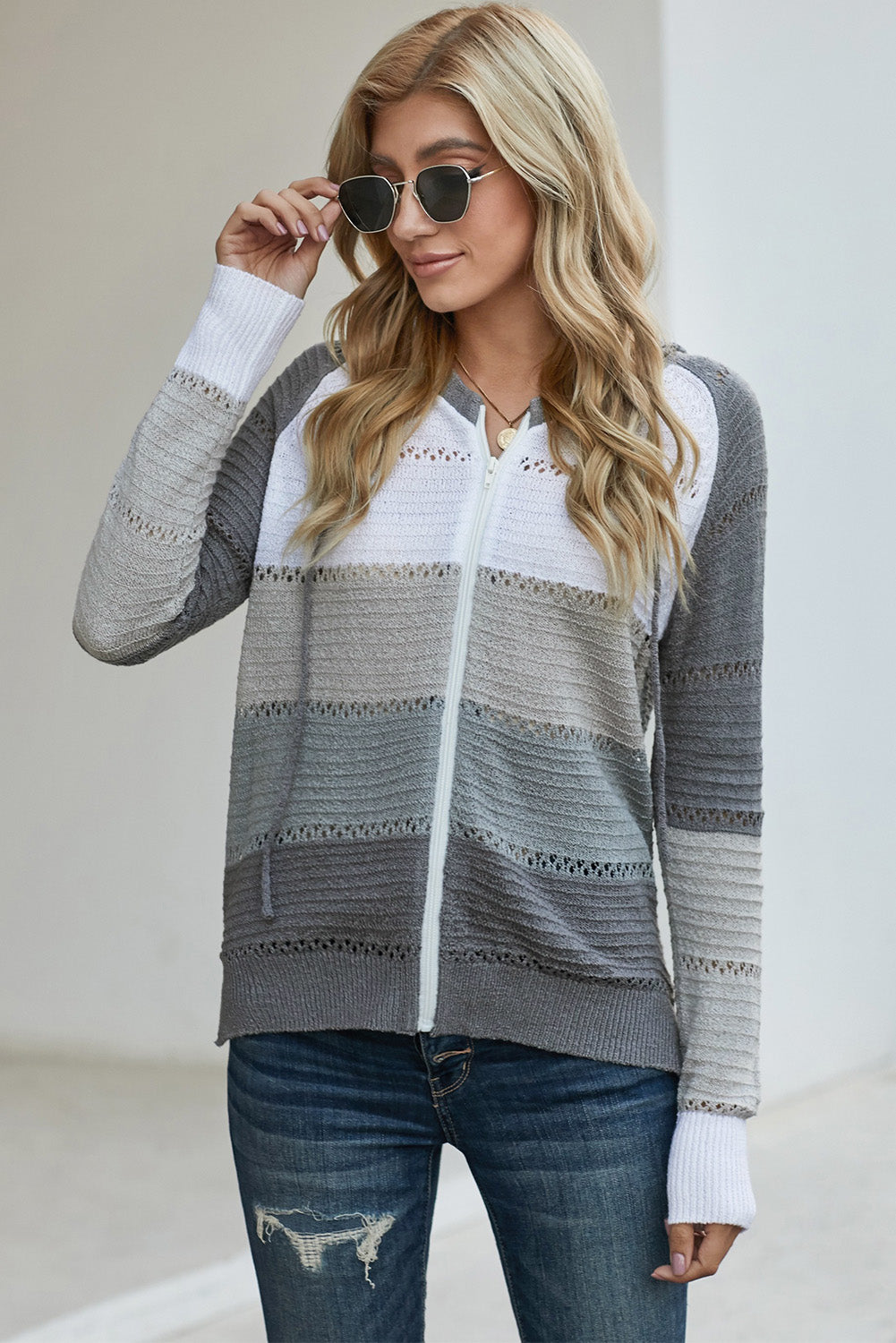 Zip-Up Raglan Sleeve Openwork Hooded Cardigan-Teresa&#39;s Fashionista LLC