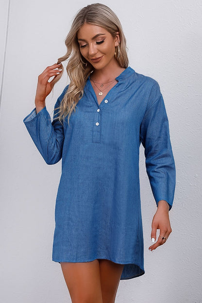 Half-Button Notched Neck High-Low Denim Dress-Teresa&#39;s Fashionista LLC