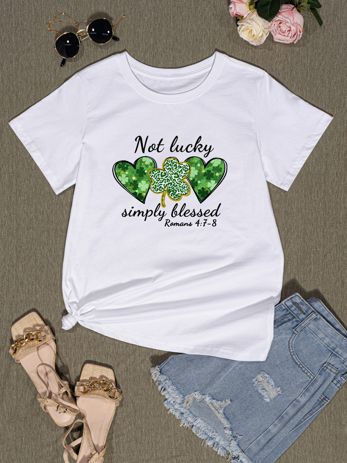 NOT LUCKY SIMPLY BLESSED Heart Round Neck T-Shirt-Teresa&#39;s Fashionista LLC