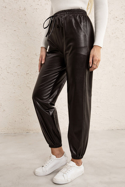 Elastic Waist PU Leather Joggers-Teresa&#39;s Fashionista LLC