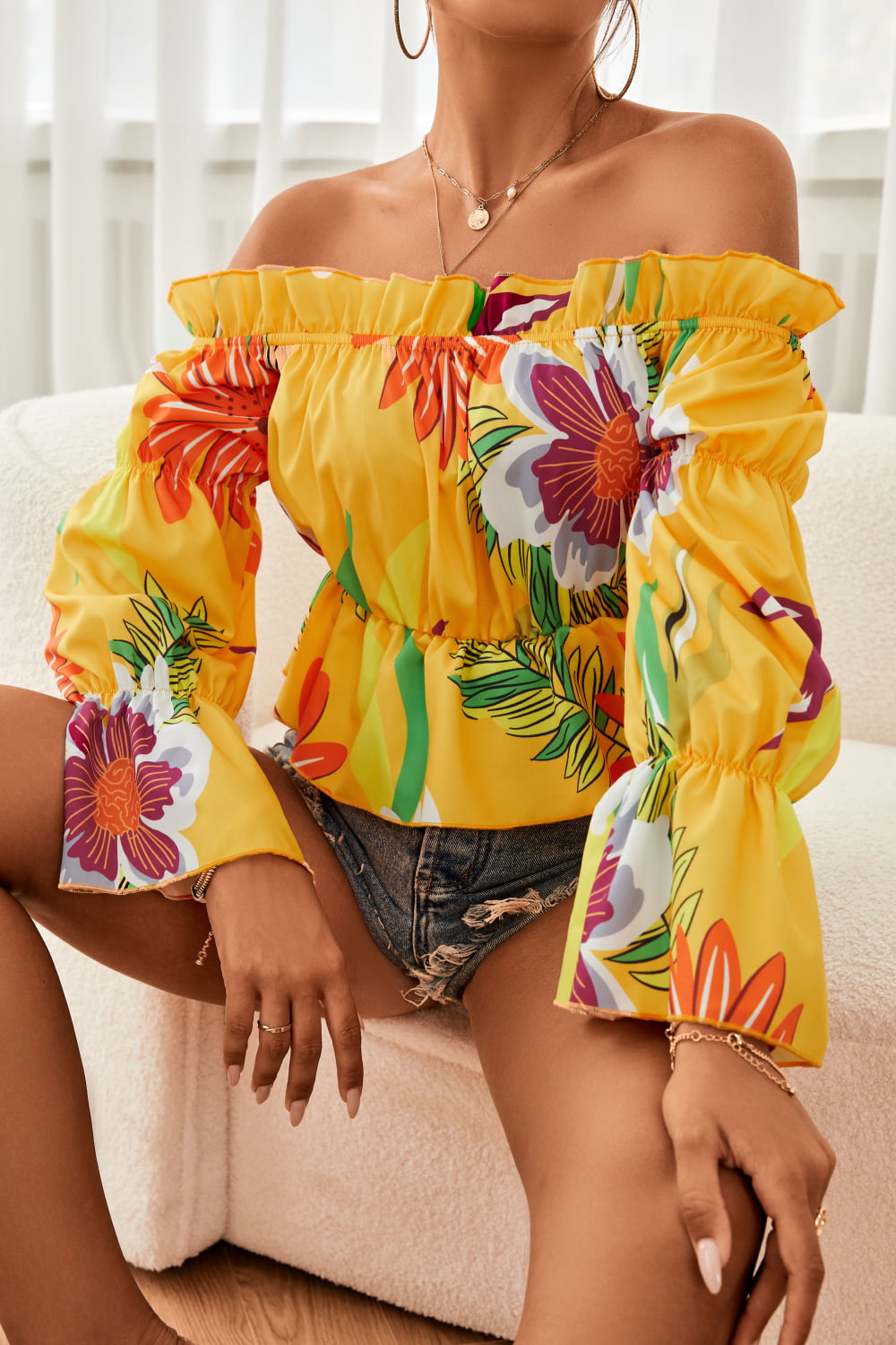 Floral Off-Shoulder Flounce Sleeve Peplum Blouse-Teresa&#39;s Fashionista LLC