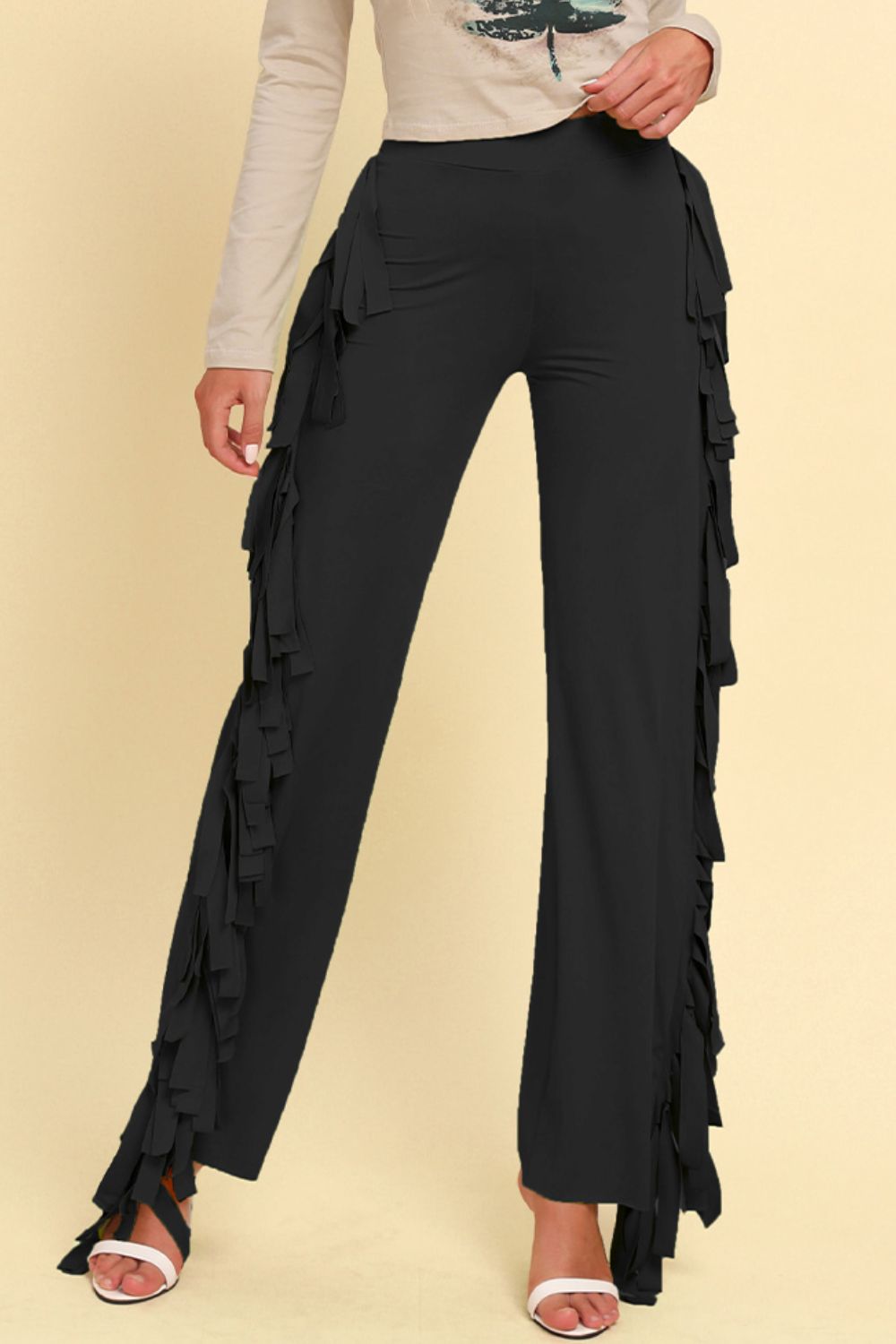 Fringe Trim Wide Leg Pants-Teresa&#39;s Fashionista LLC