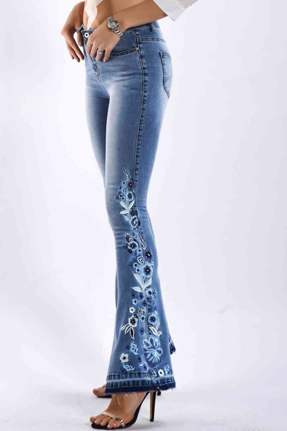 Full Size Flower Embroidery Wide Leg Jeans-Teresa&#39;s Fashionista LLC