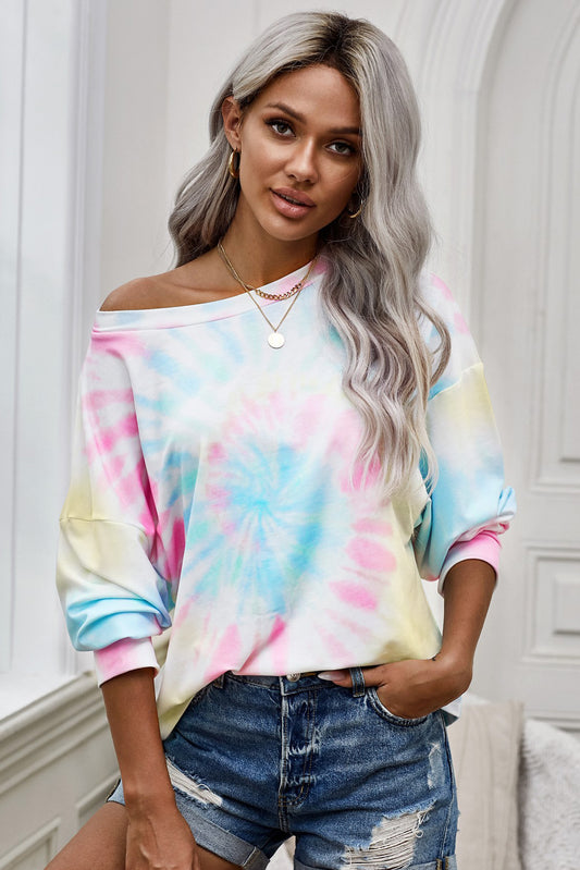 Tie-Dye Boat Neck Batwing Sleeve Tee-Teresa&#39;s Fashionista LLC