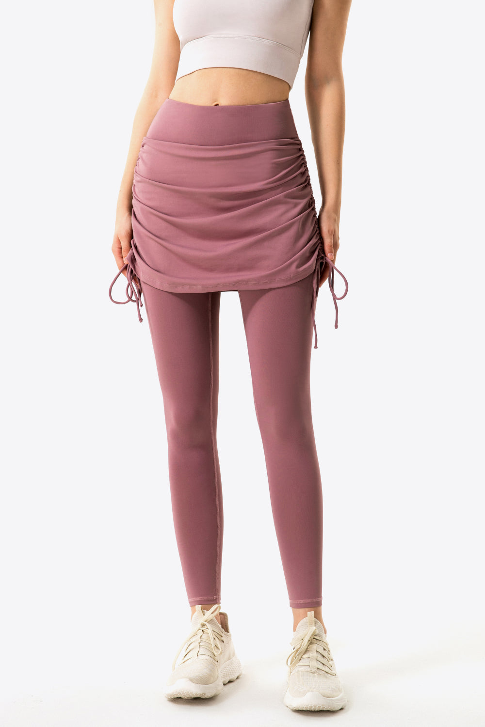 Drawstring Ruched Faux Layered Yoga Leggings-Teresa&#39;s Fashionista LLC