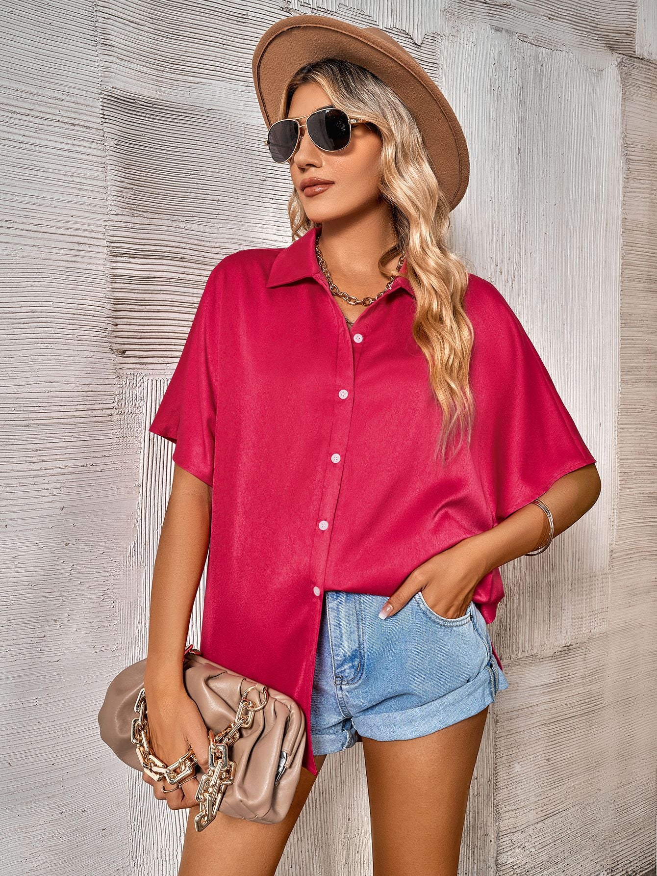 Button Front Dolman Sleeve Shirt-Teresa&#39;s Fashionista LLC