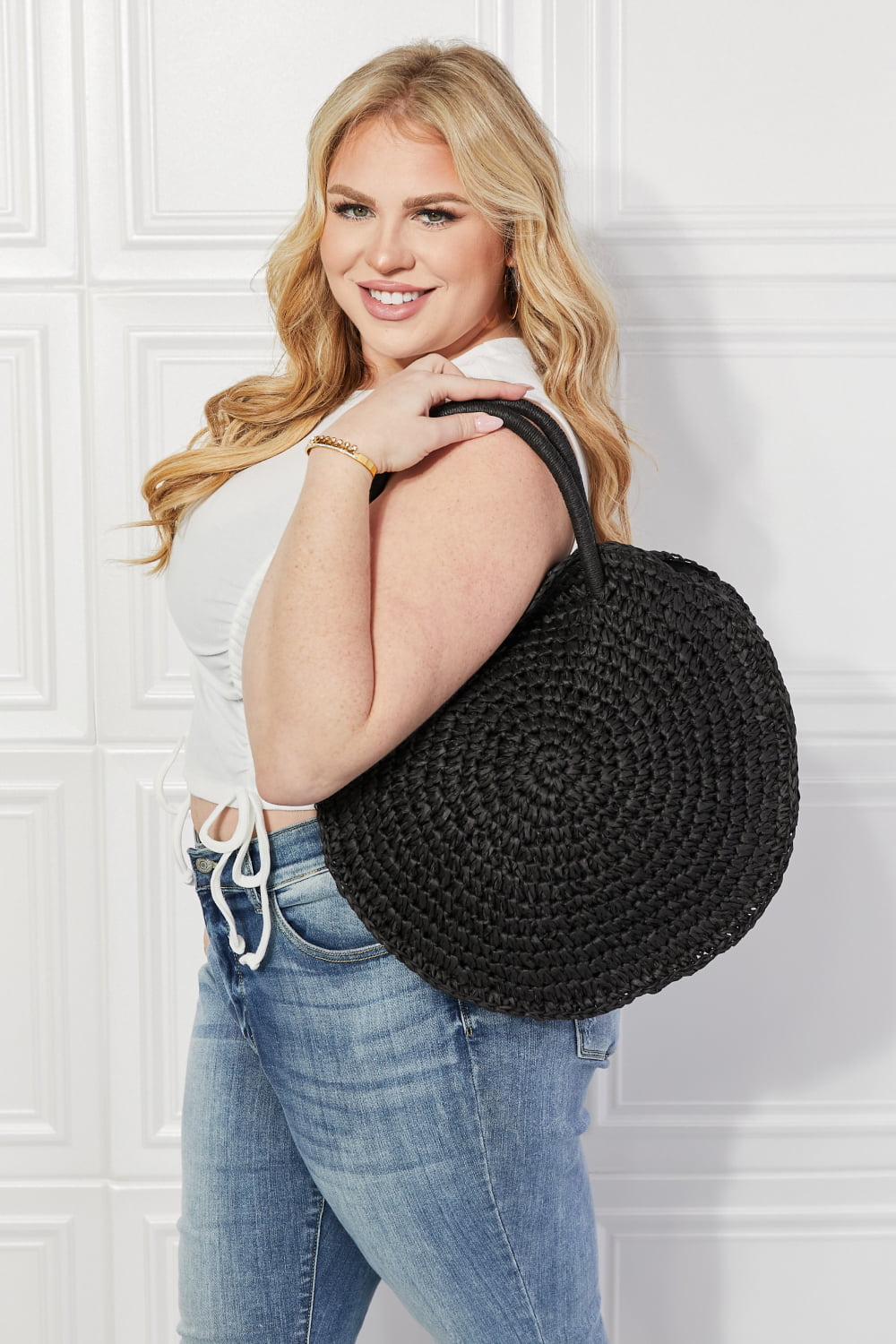 Justin Taylor Beach Date Straw Rattan Handbag in Black-Teresa&#39;s Fashionista LLC