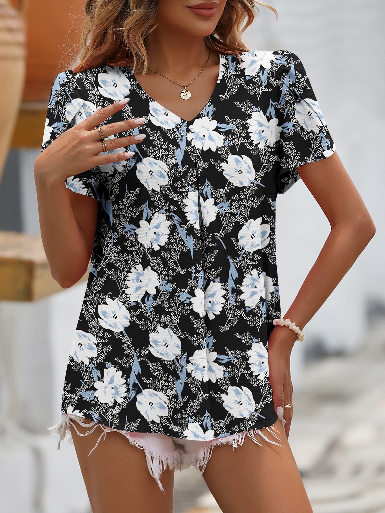 Ruche V-Neck Petal Sleeve Top-Teresa&#39;s Fashionista LLC