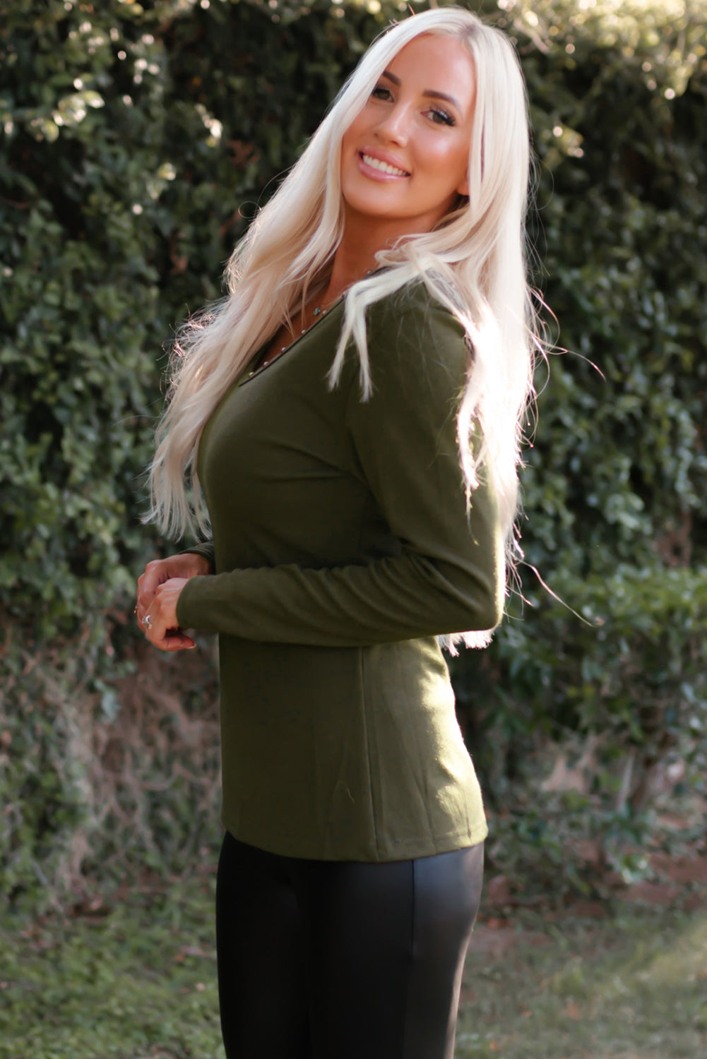 Studded Grommet V-Neck Long Sleeve Top-Teresa&#39;s Fashionista LLC