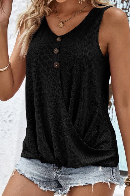 Decorative Button Hem Detail Eyelet Tank-Teresa&#39;s Fashionista LLC