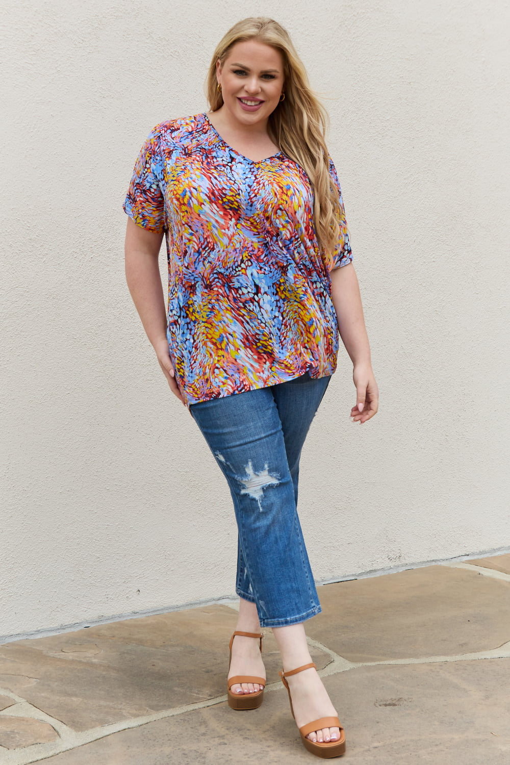 Be Stage Full Size Printed Dolman Flowy Top-Teresa&#39;s Fashionista LLC