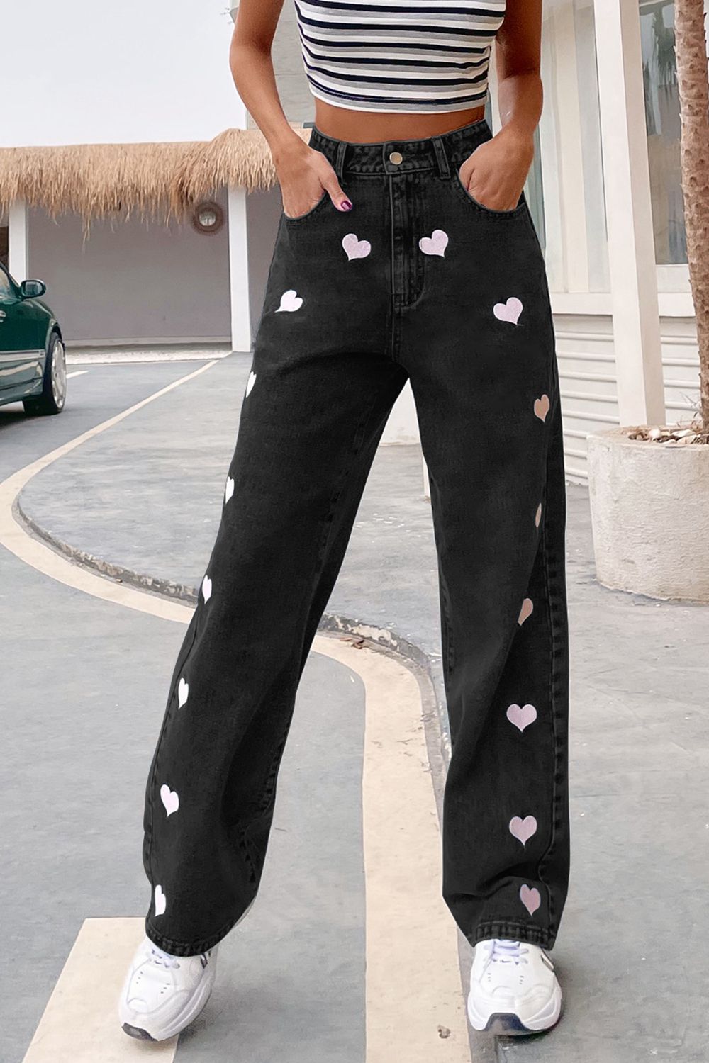 Heart Print Buttoned Jeans-Teresa&#39;s Fashionista LLC