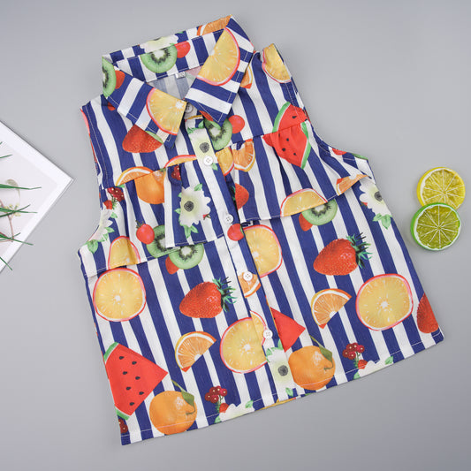 Fruit Striped Collared Sleeveless Shirt - Teresa's Fashionista LLC