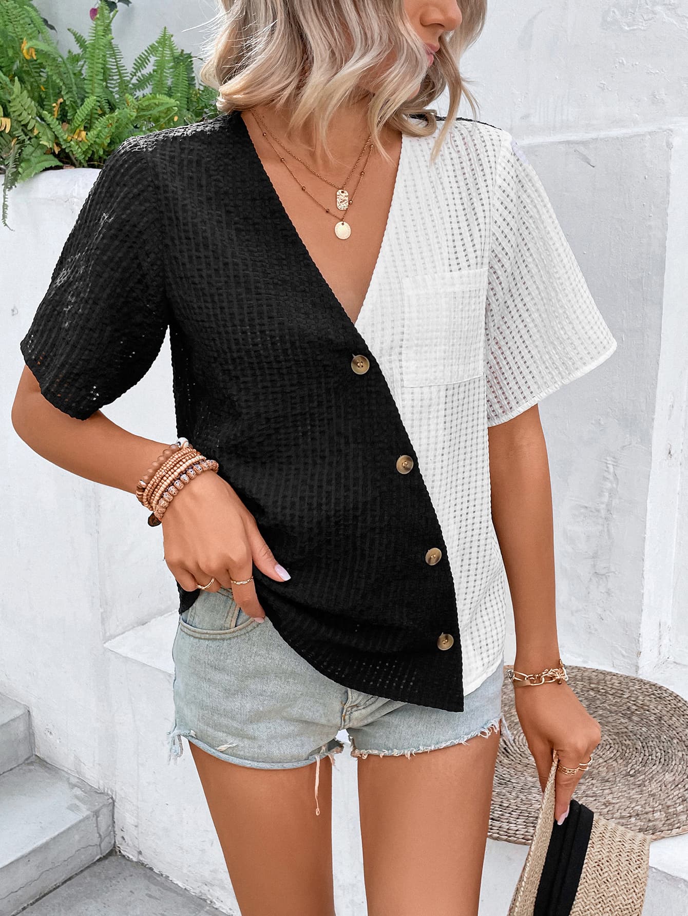 Two-Tone Buttoned Short Sleeve Top-Teresa&#39;s Fashionista LLC