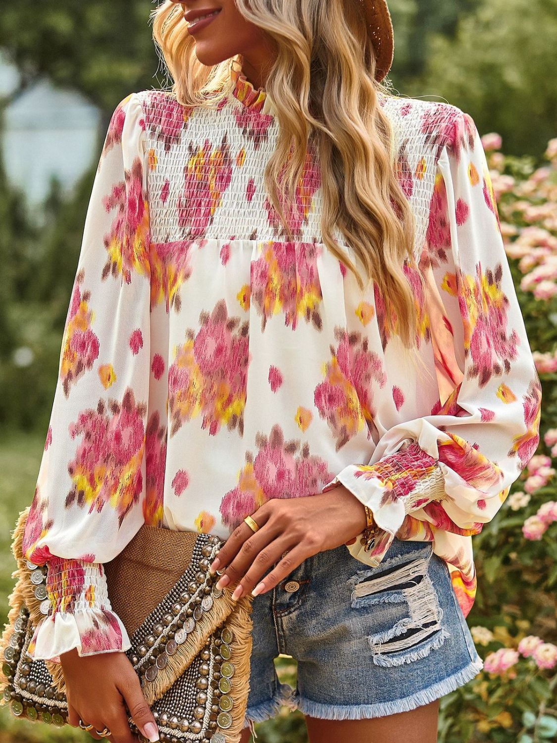 Floral Smocked Lantern Sleeve Blouse-Teresa&#39;s Fashionista LLC