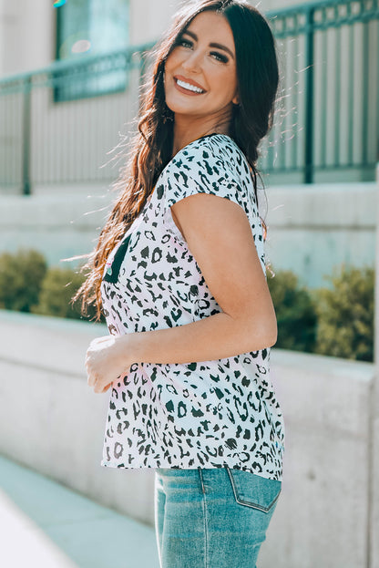 Leopard Notched Neck Short Sleeve Tee-Teresa&#39;s Fashionista LLC