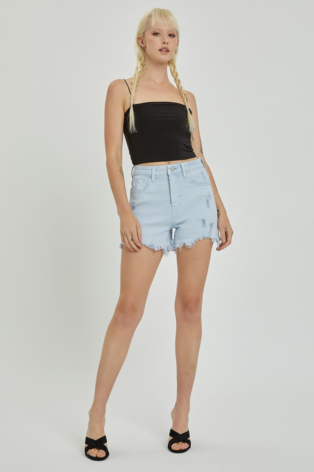 RISEN Full Size High Rise Distressed Detail Denim Shorts-Teresa&#39;s Fashionista LLC