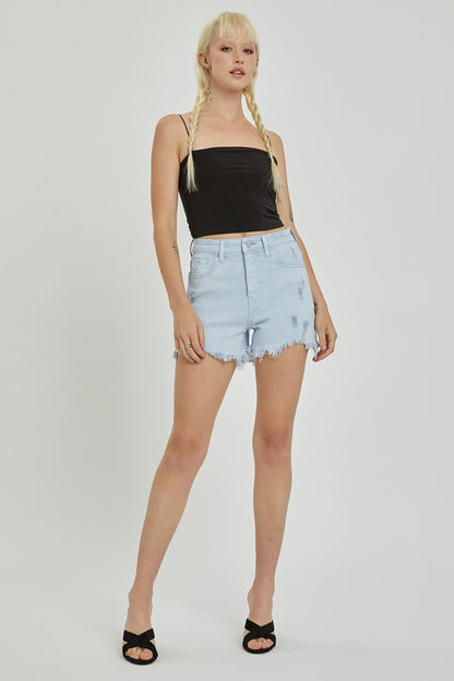 RISEN Full Size High Rise Distressed Detail Denim Shorts-Teresa&#39;s Fashionista LLC