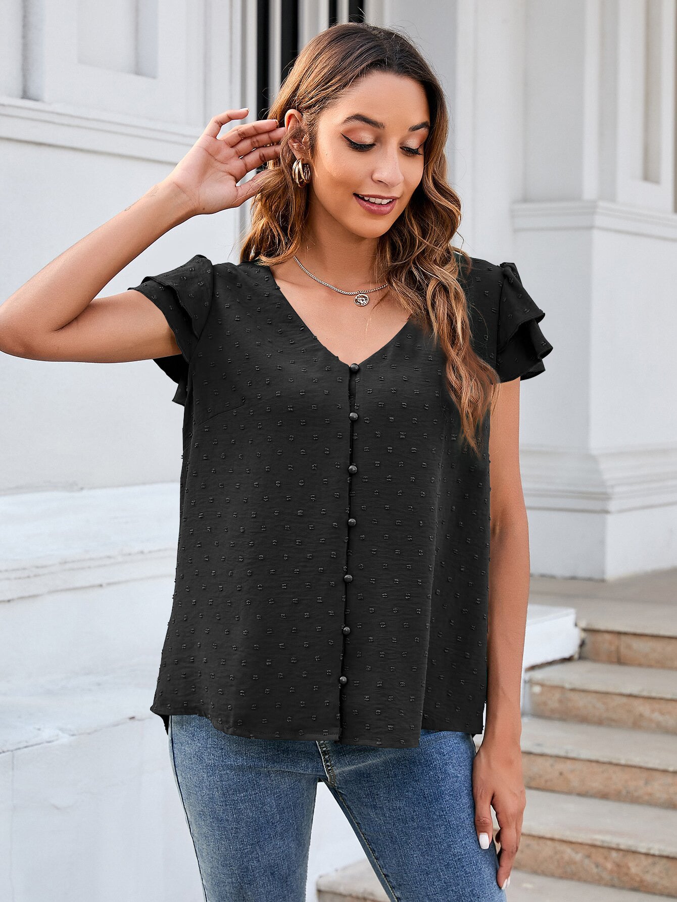 Swiss Dot Layered Flutter Sleeve Shirt-Teresa&#39;s Fashionista LLC