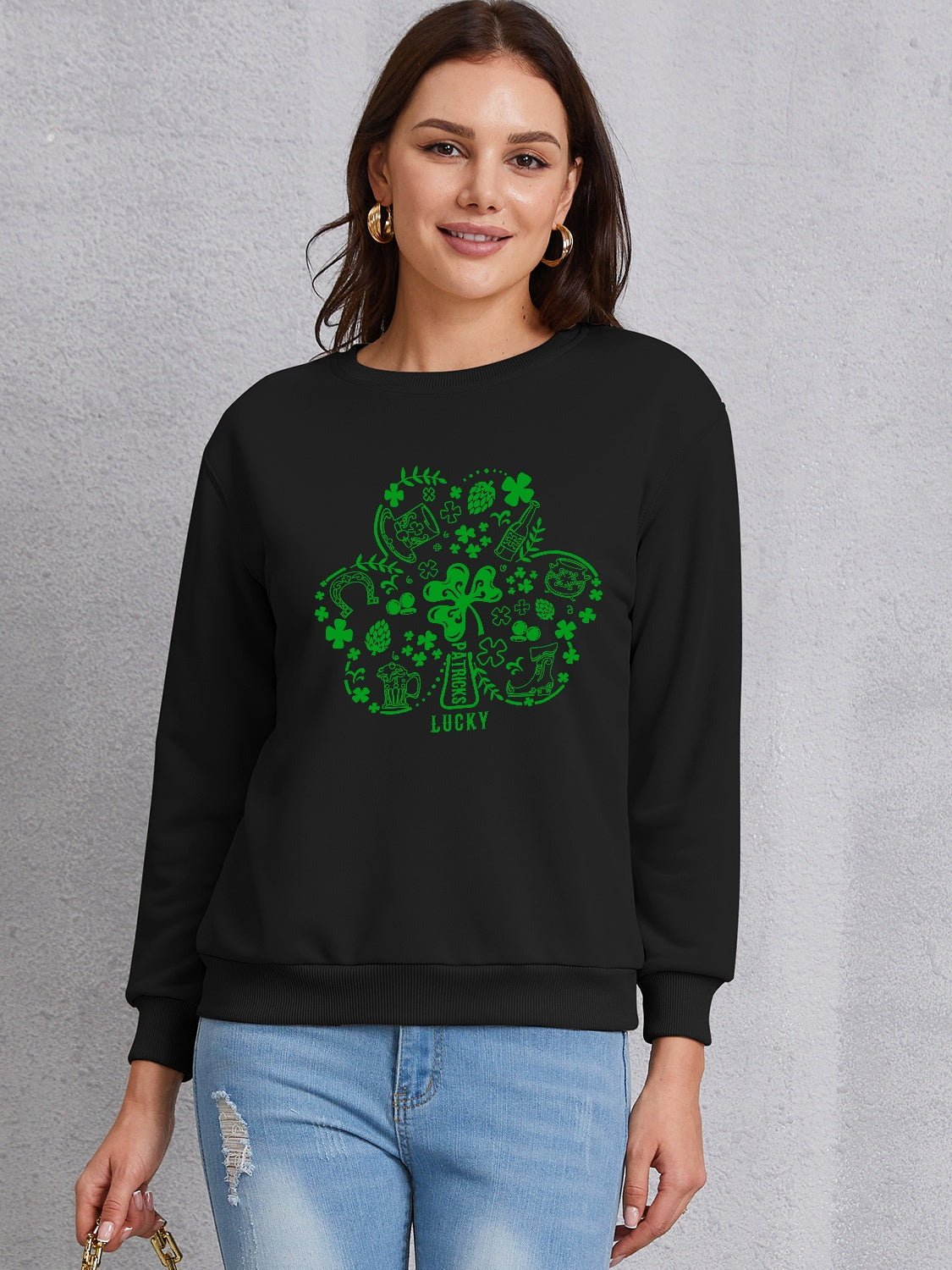 Lucky Clover Round Neck Sweatshirt-Teresa&#39;s Fashionista LLC