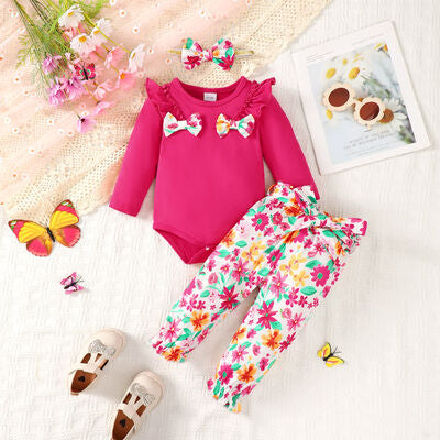 Bow Ruffled Round Neck Bodysuit and Printed Pants Set-Teresa&#39;s Fashionista LLC