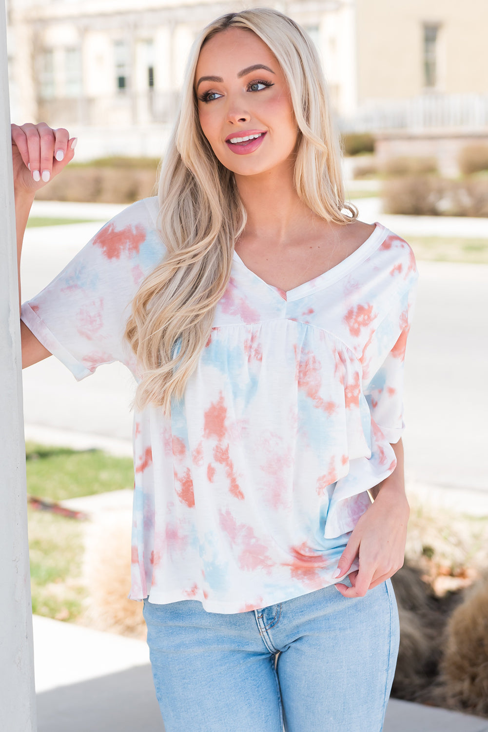 Tie-Dye V-Neck Tie Back Top-Teresa&#39;s Fashionista LLC