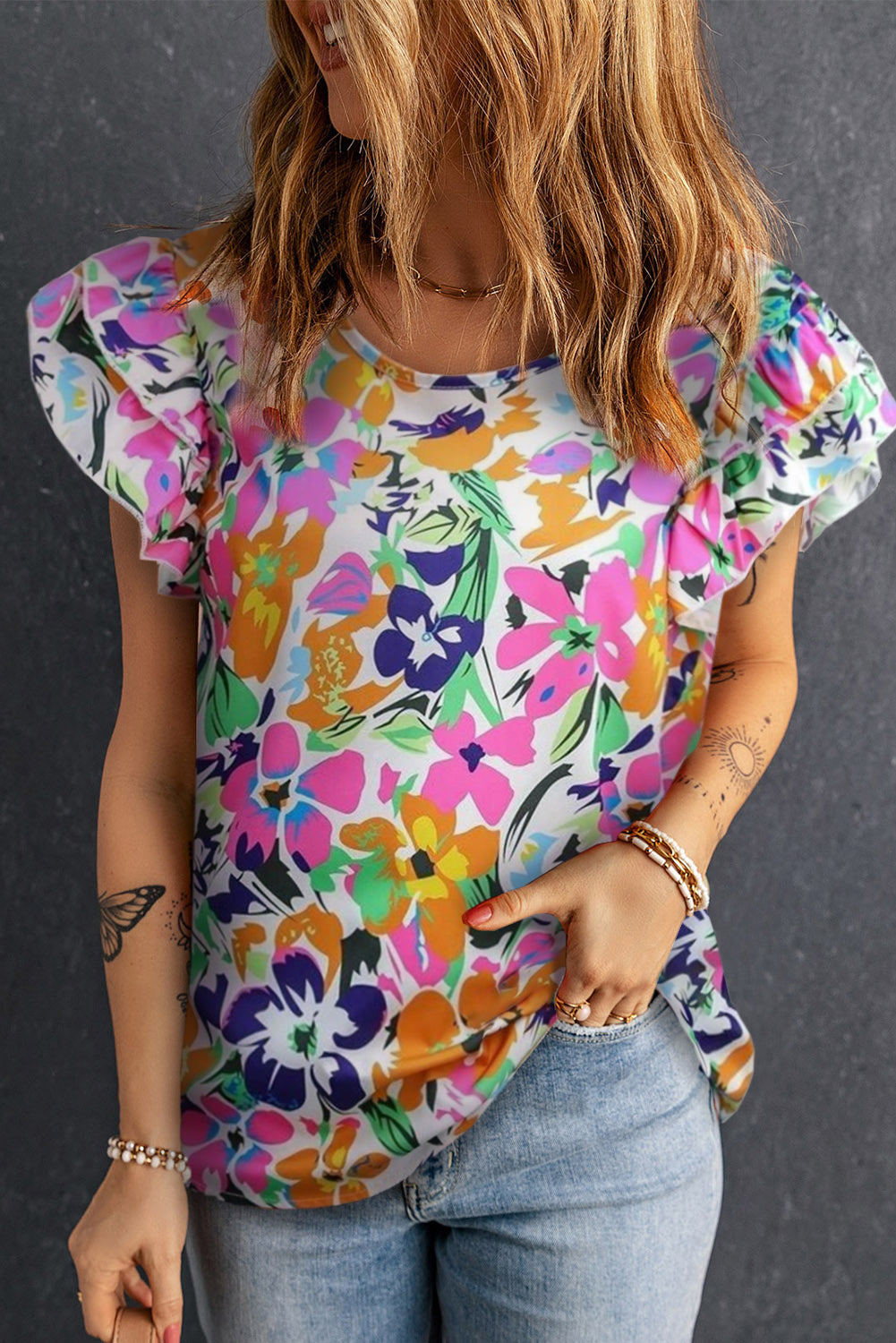 Floral Tie Back Flutter Sleeve Blouse-Teresa&#39;s Fashionista LLC