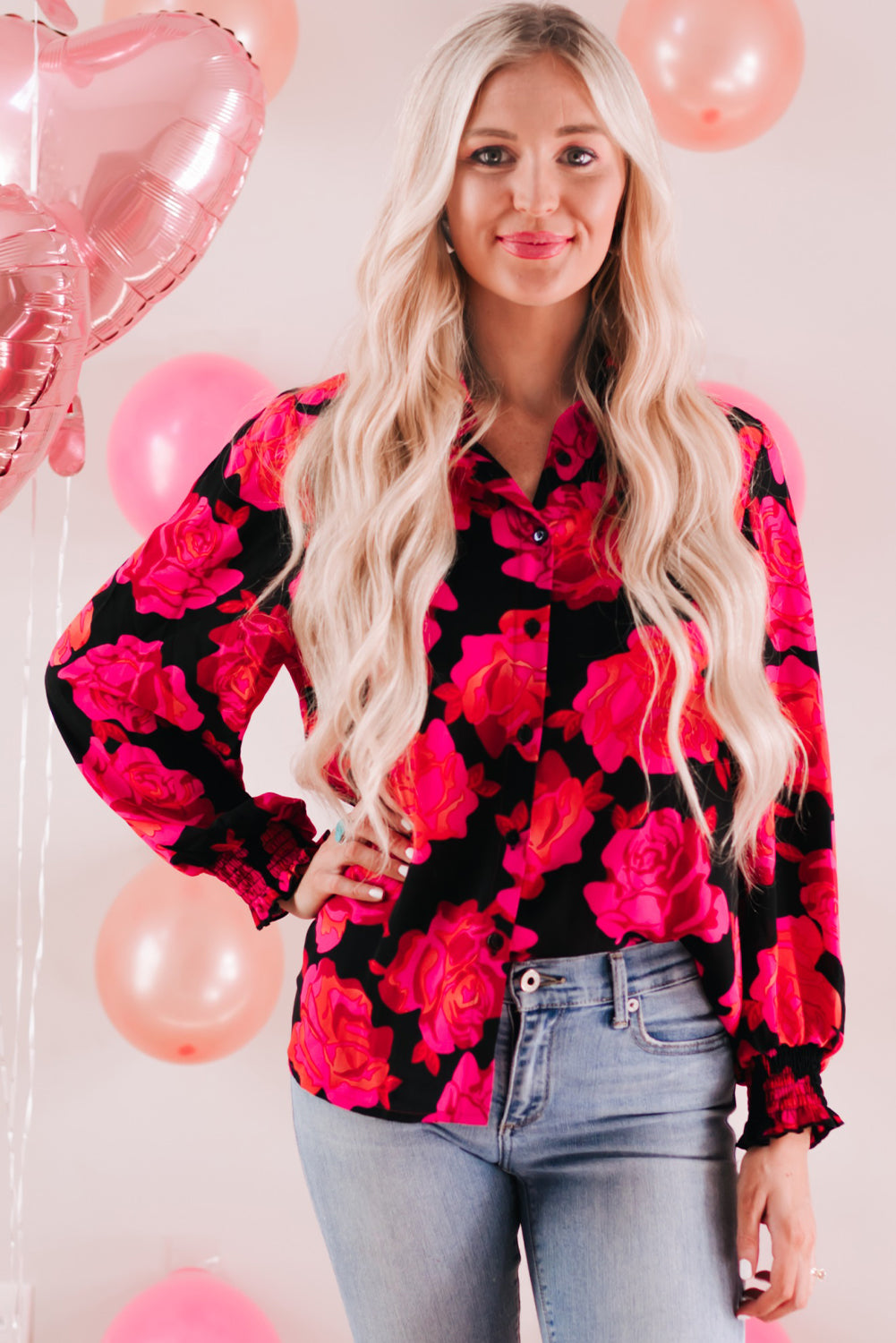 Floral Button Front Lantern Sleeve Shirt-Teresa&#39;s Fashionista LLC