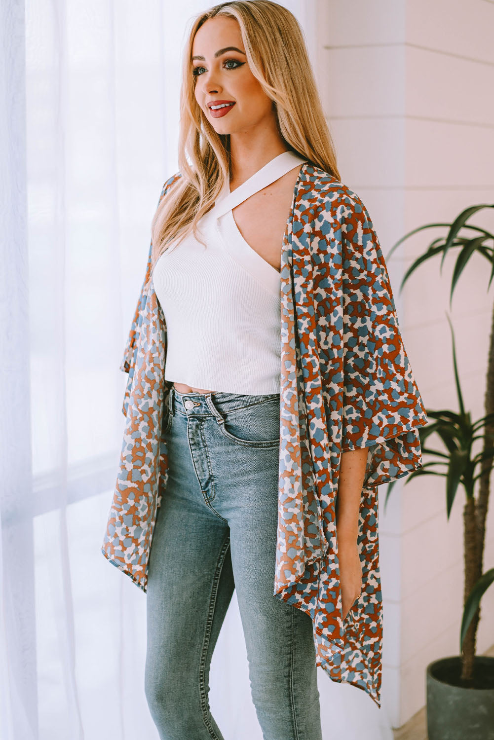 Printed Open Front Three-Quarter Sleeve Cover Up-Teresa&#39;s Fashionista LLC