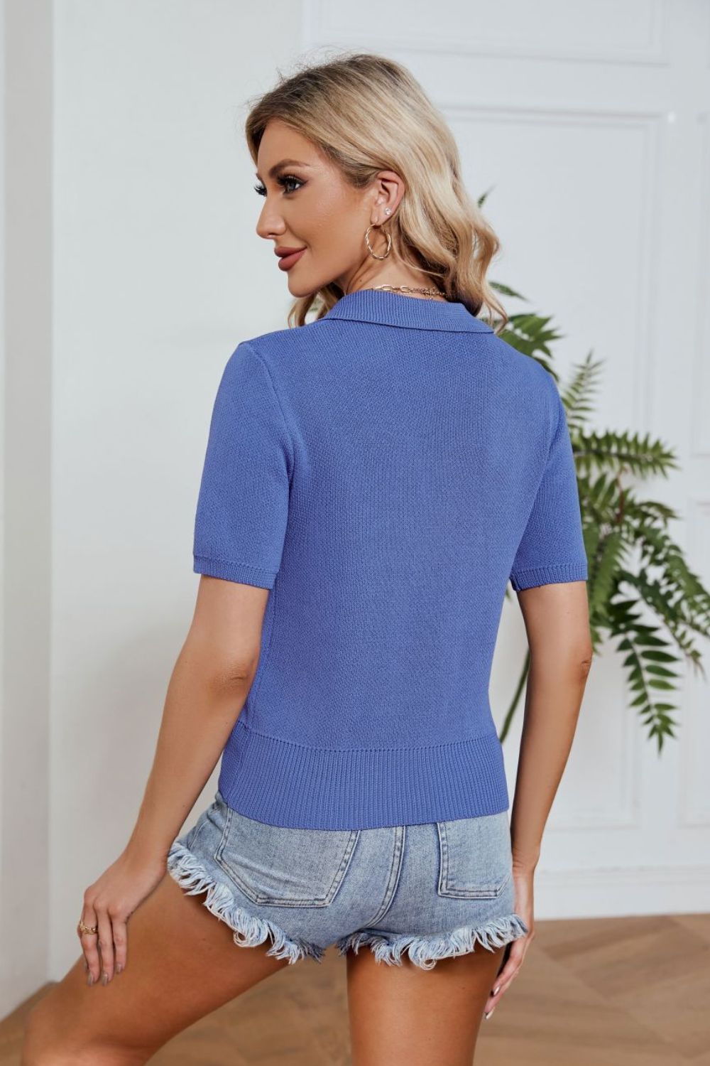 Johnny Collar Short Sleeve Knit Top-Teresa&#39;s Fashionista LLC