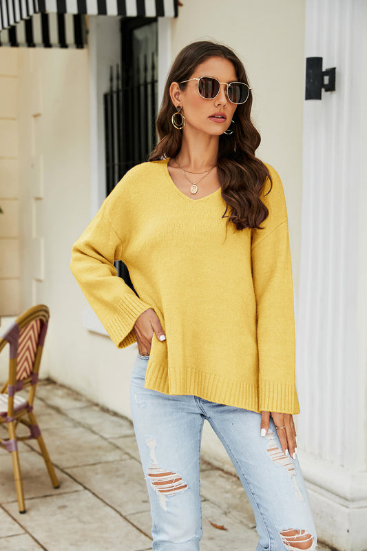 Drop Shoulder V-Neck Knit Pullover-Teresa&#39;s Fashionista LLC