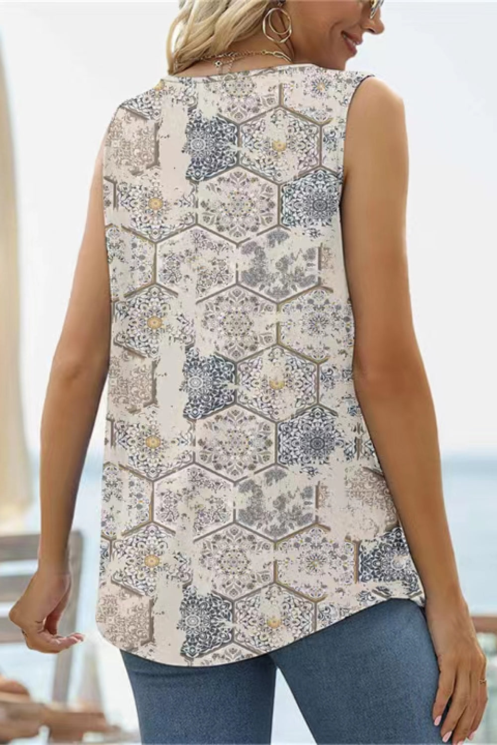 Printed Square Neck Curved Hem Tank-Teresa&#39;s Fashionista LLC