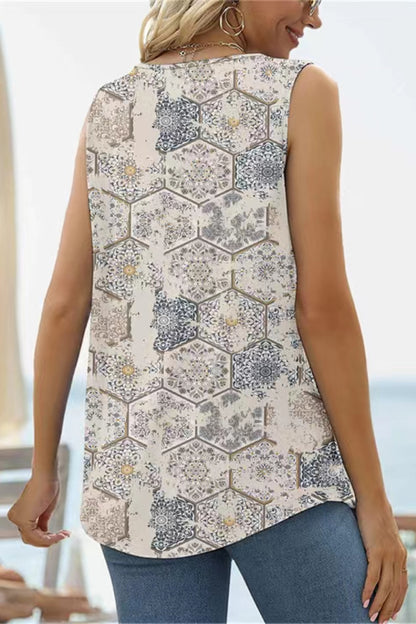 Printed Square Neck Curved Hem Tank-Teresa&#39;s Fashionista LLC