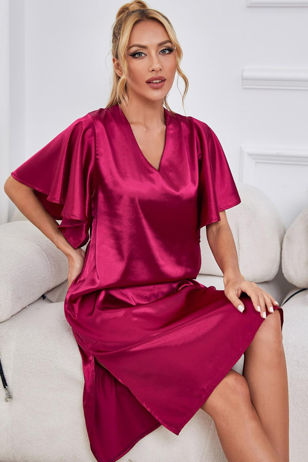 Satin Flutter Sleeve Side Slit V-Neck Night Dress-Teresa&#39;s Fashionista LLC