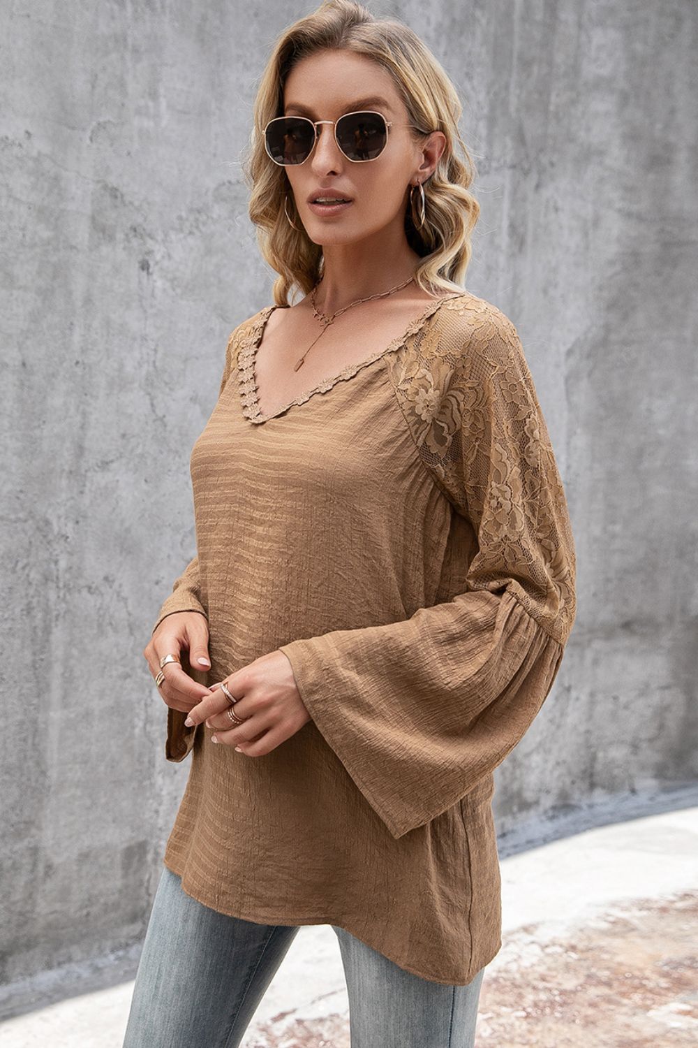 V-Neck Spliced Lace Flare Sleeve Top-Teresa&#39;s Fashionista LLC