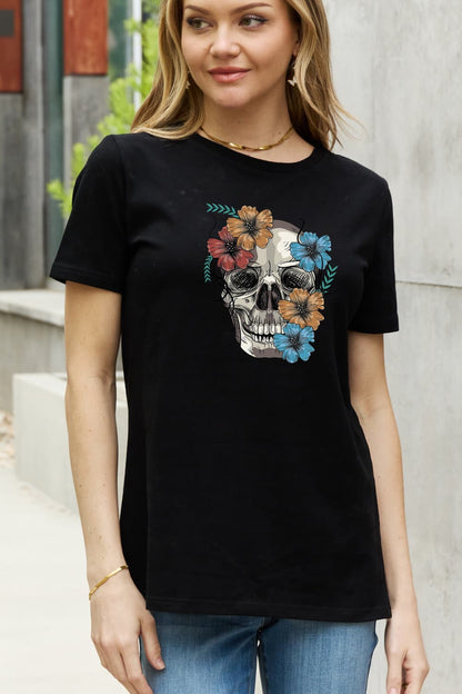 Simply Love Full Size Flower Skull Graphic Cotton Tee-Teresa&#39;s Fashionista LLC