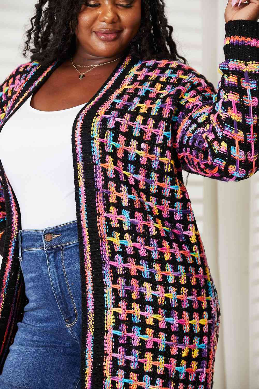 Double Take Full Size Multicolored Open Front Fringe Hem Cardigan-Teresa&#39;s Fashionista LLC