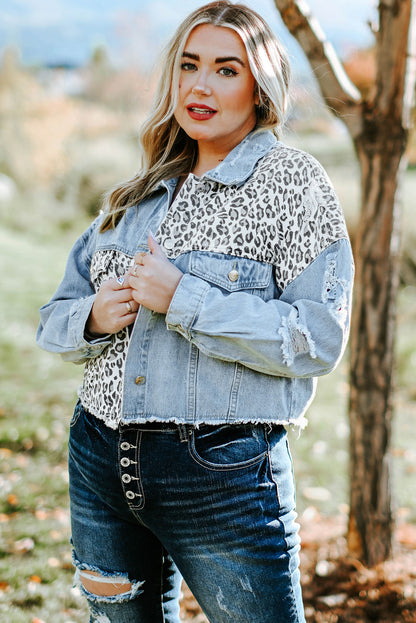 Plus Size Leopard Raw Hem Distressed Spliced Denim Jacket-Teresa&#39;s Fashionista LLC