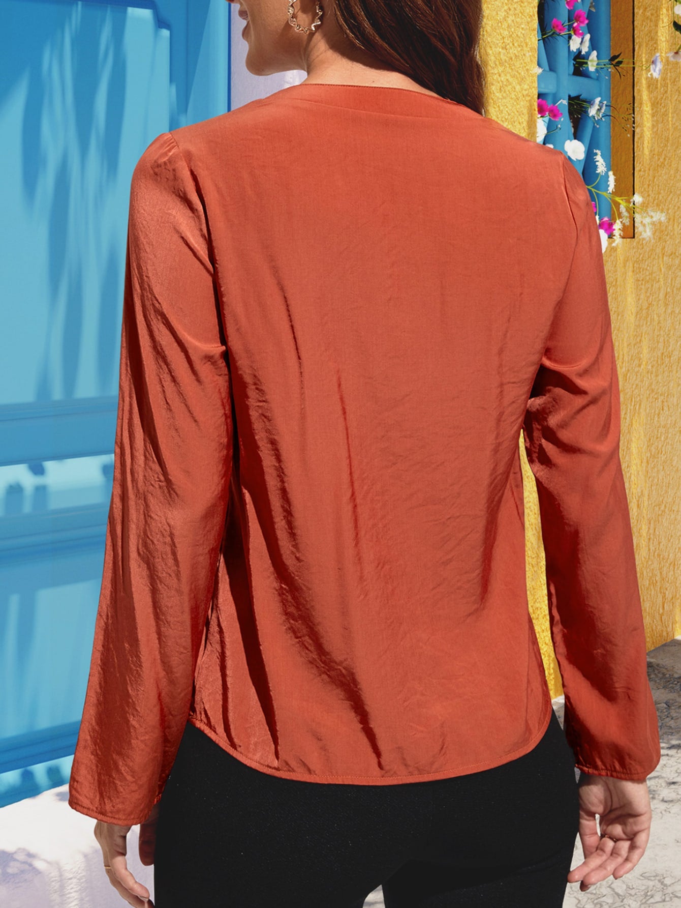 Notched Neck Long Sleeve Top-Teresa&#39;s Fashionista LLC